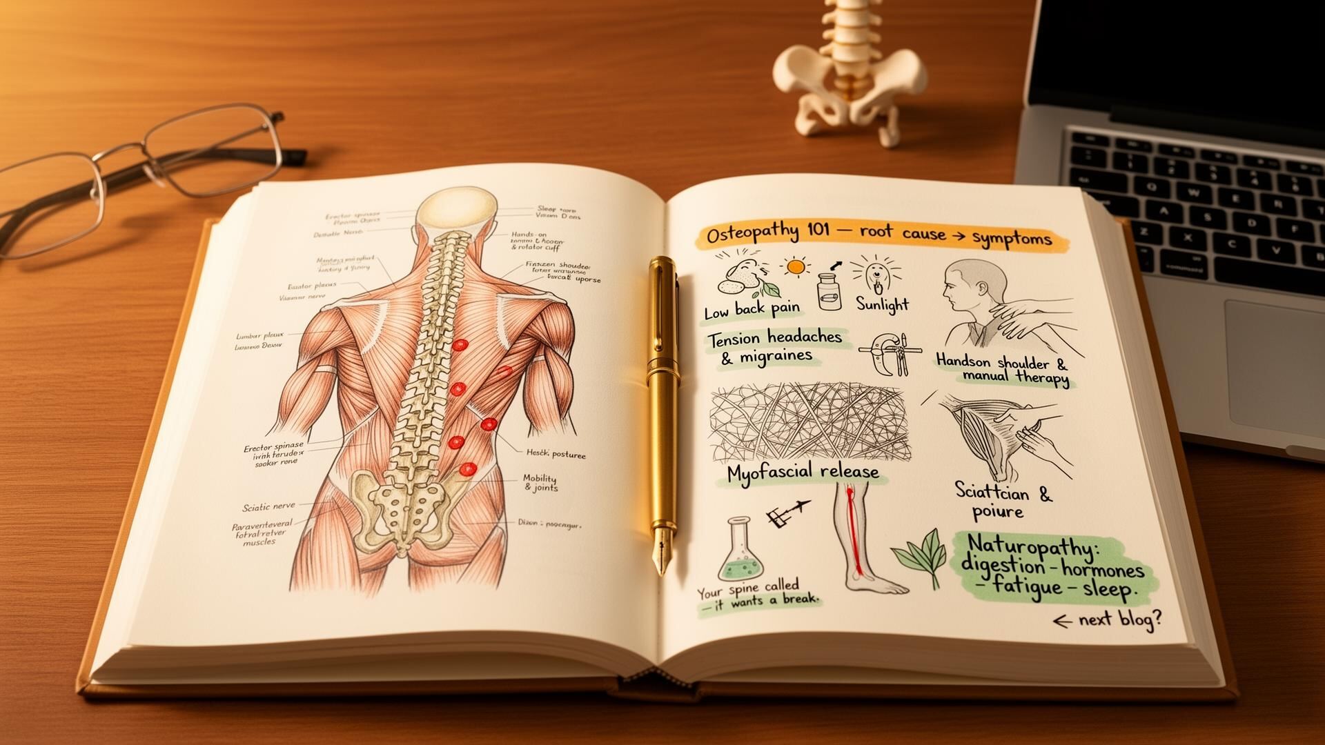 A handwritten wellness journal, herbal tea and a stethoscope on a sunlit desk